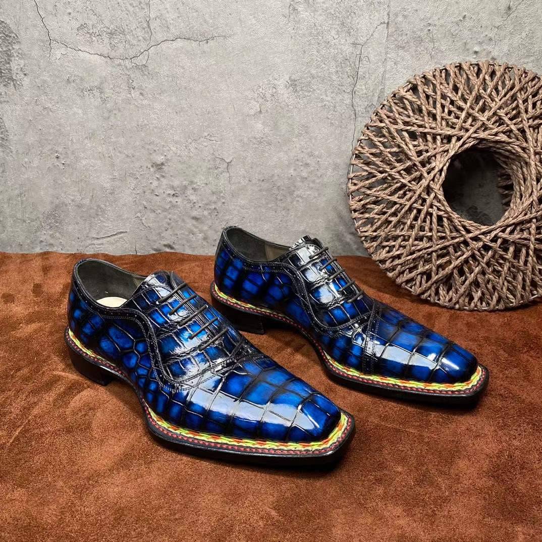 Rossie Viren men's crocodile leather dress shoes with vintage blue color and Norwegian stitching, lace-up design.