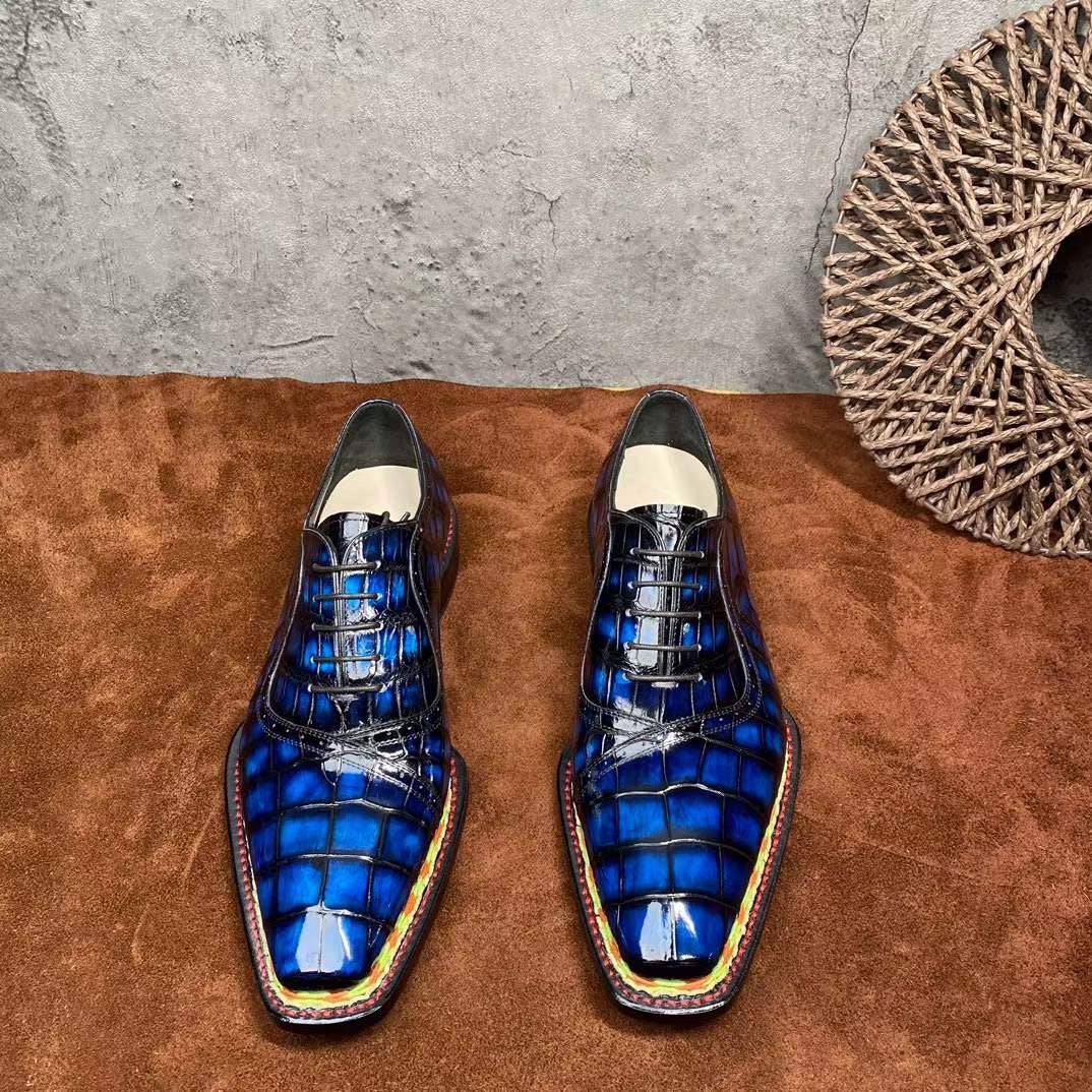 Rossie Viren men's crocodile leather dress shoes with vintage blue finish and Norwegian stitching, lace-up style.