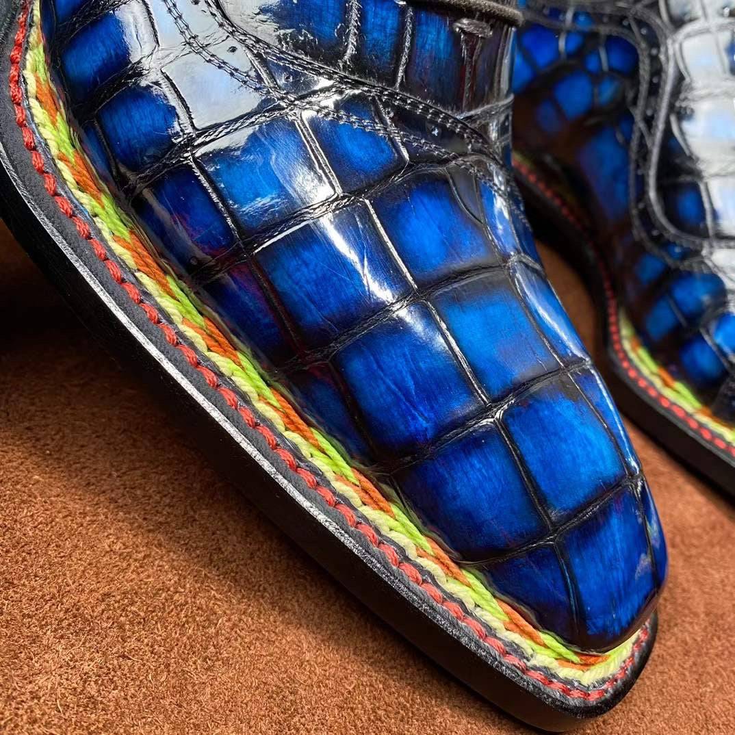 Preorder Rossie Viren men's crocodile leather dress shoes with Norwegian stitching and blue lace-up design, vintage style.
