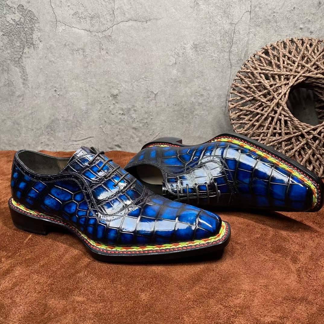 Rossie Viren men's crocodile leather dress shoes with Norwegian stitching and lace-up design in vintage blue.