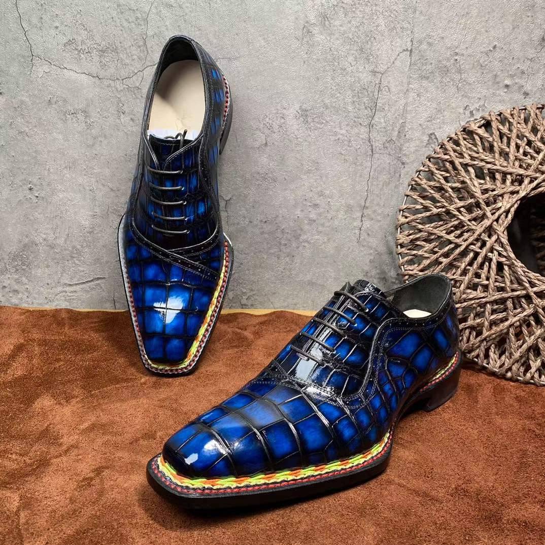 Rossie Viren men's crocodile leather dress shoes with vintage blue color and Norwegian stitching, lace-up style, high-quality craftsmanship.