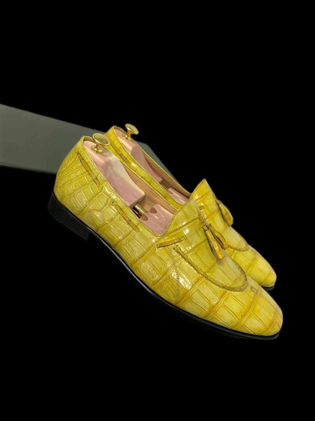 Crocodile Loafer Shoes, Unisex Crocodile Leather Loafer Slip-On Shoes Yellow