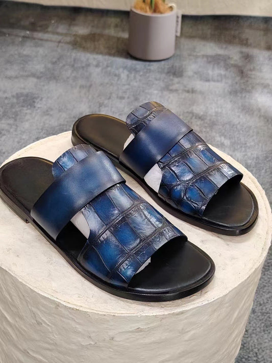 Men's Slipper , Vintage Blue Crocodile Skin Leather Slipper Vintage Blue