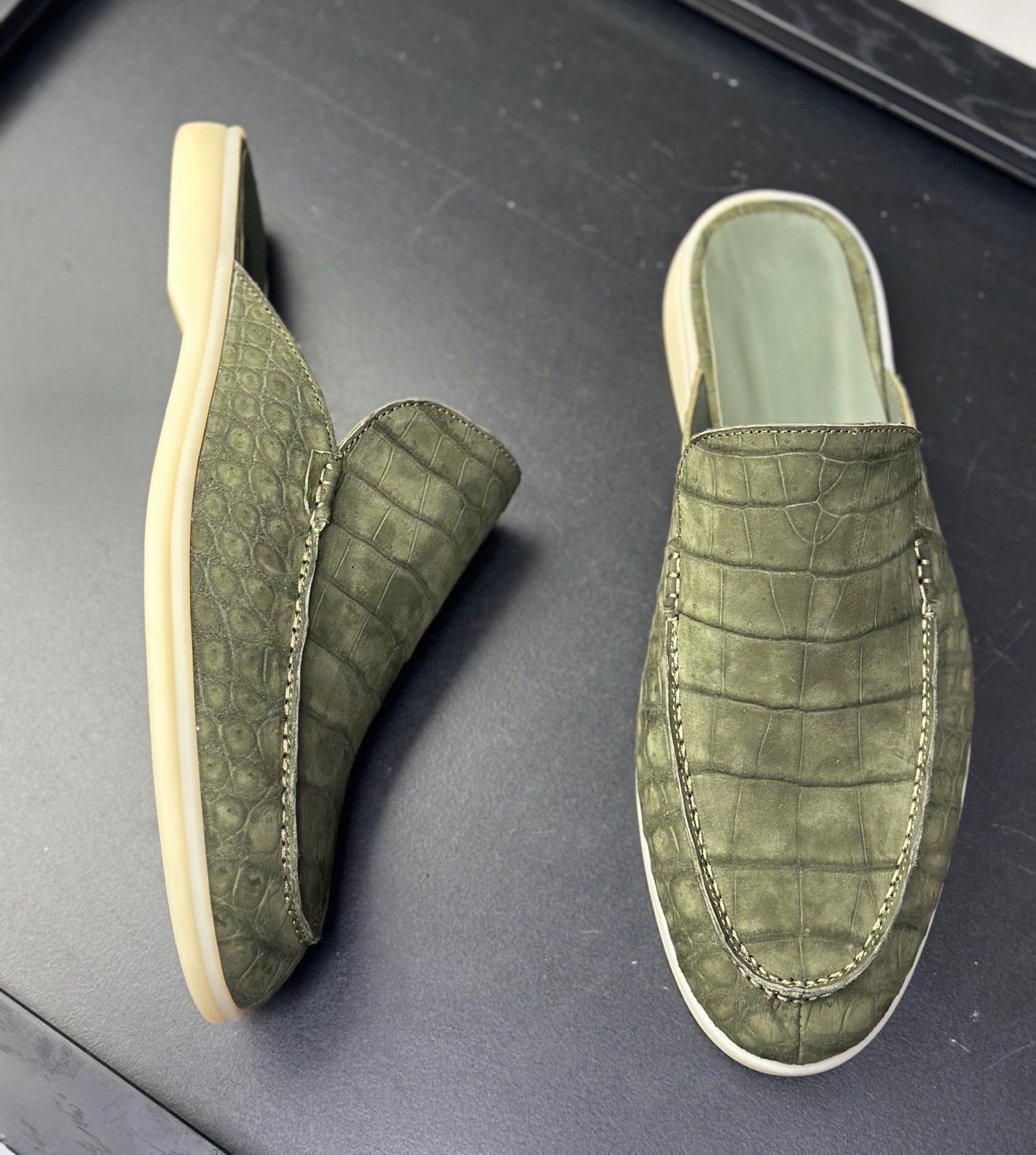 Men's Nubuck Crocodile Leather Slippers by Rossie Viren, showcasing comfortable, stylish crocodile leather shoes for men.