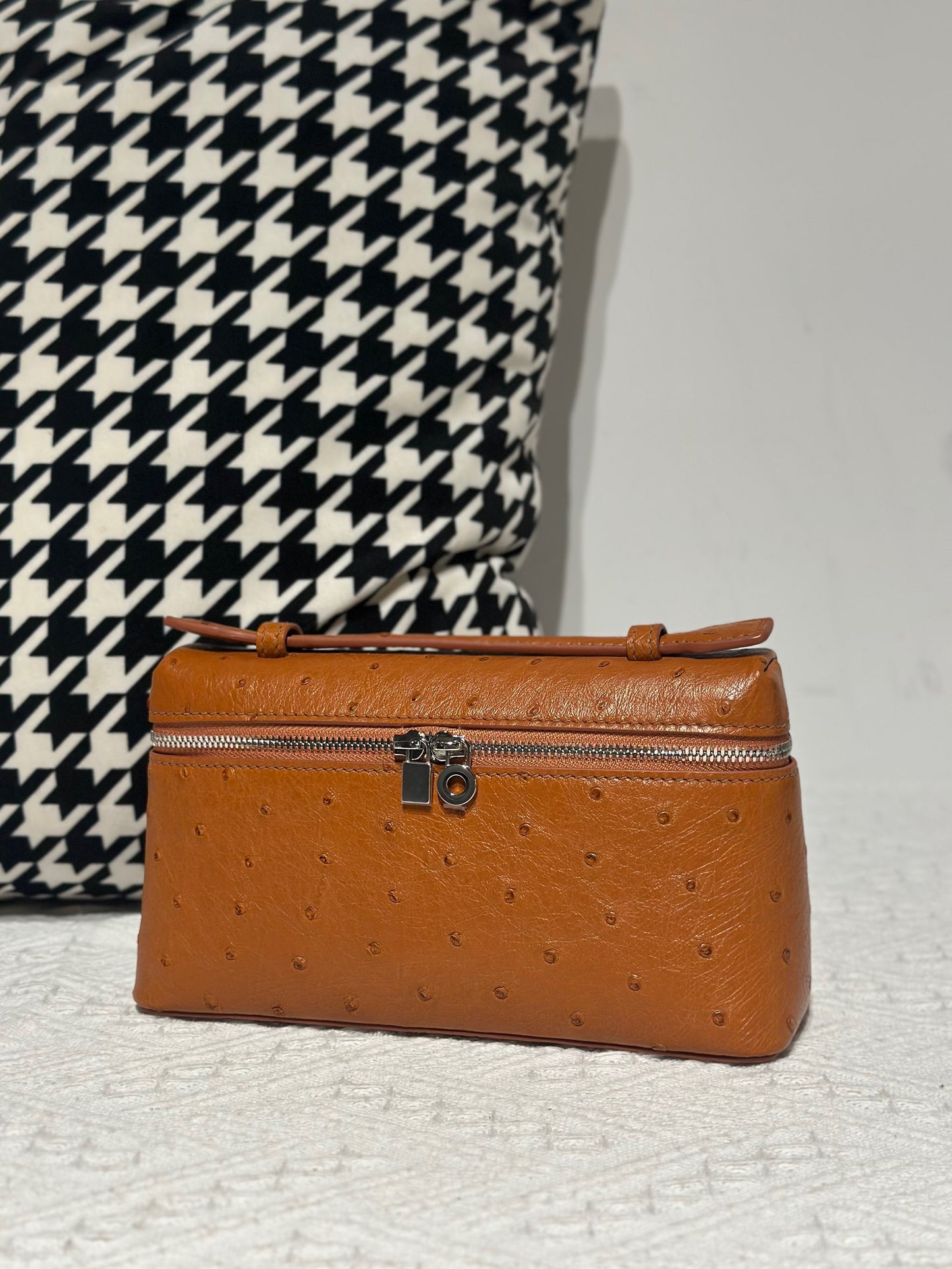 Genuine Ostrich Skin Leather Zipper Cosmetic Handle Bag