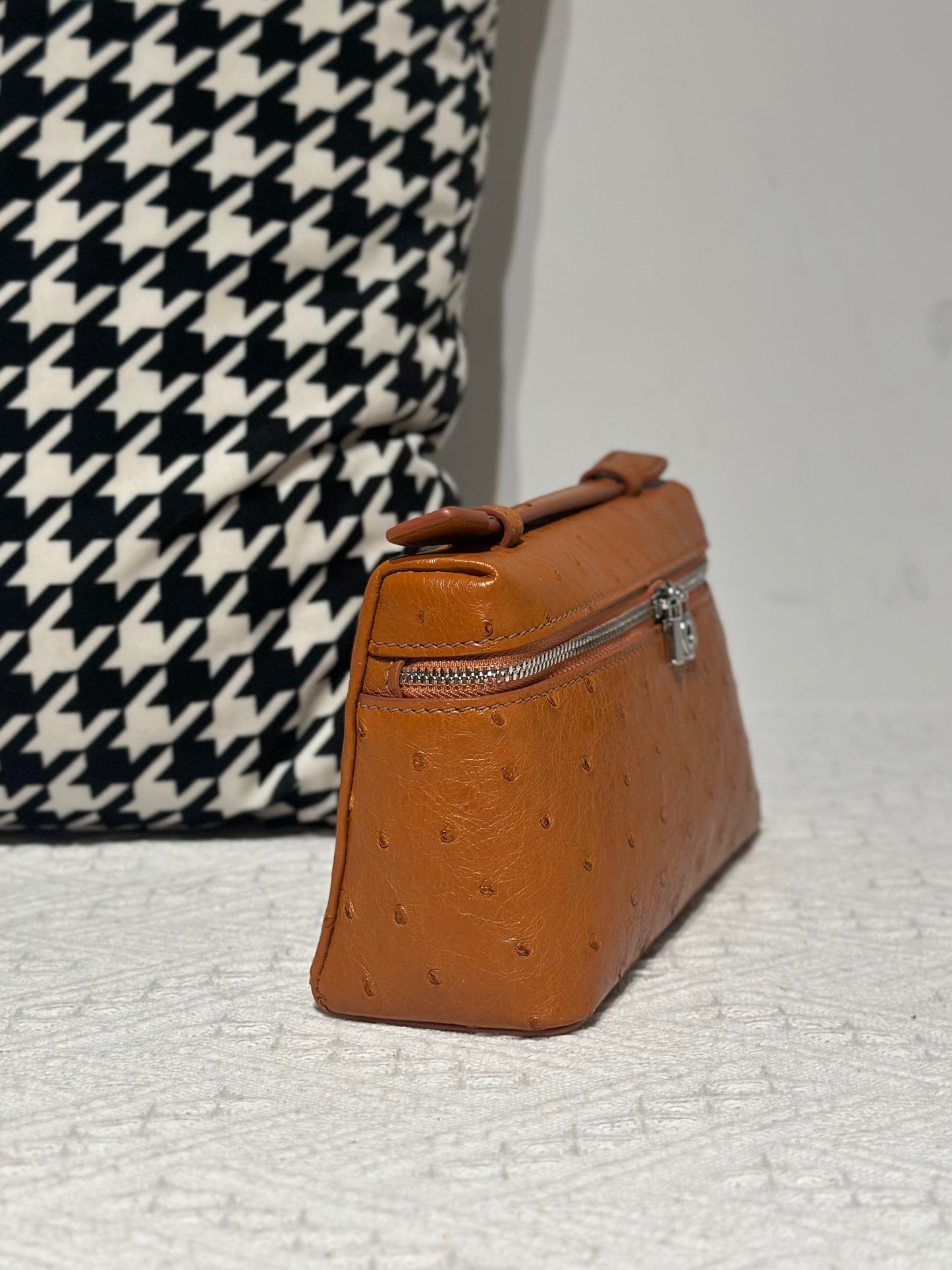 Genuine Ostrich Skin Leather Zipper Cosmetic Handle Bag