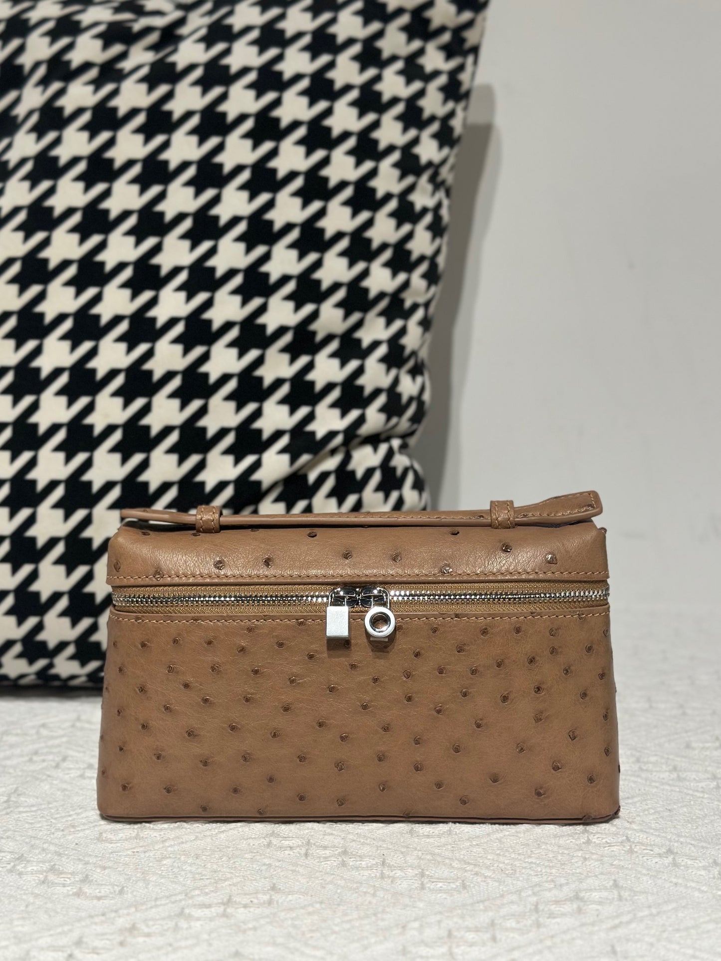 Genuine Ostrich Skin Leather Zipper Cosmetic Handle Bag Large