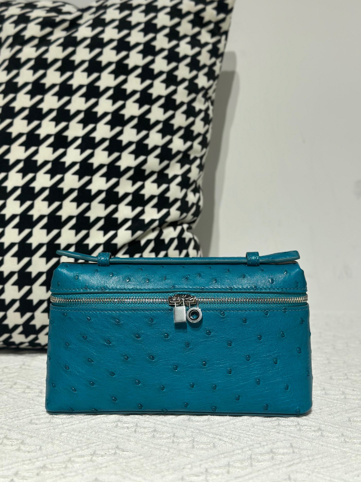 Genuine Ostrich Skin Leather Zipper Cosmetic Handle Bag Large
