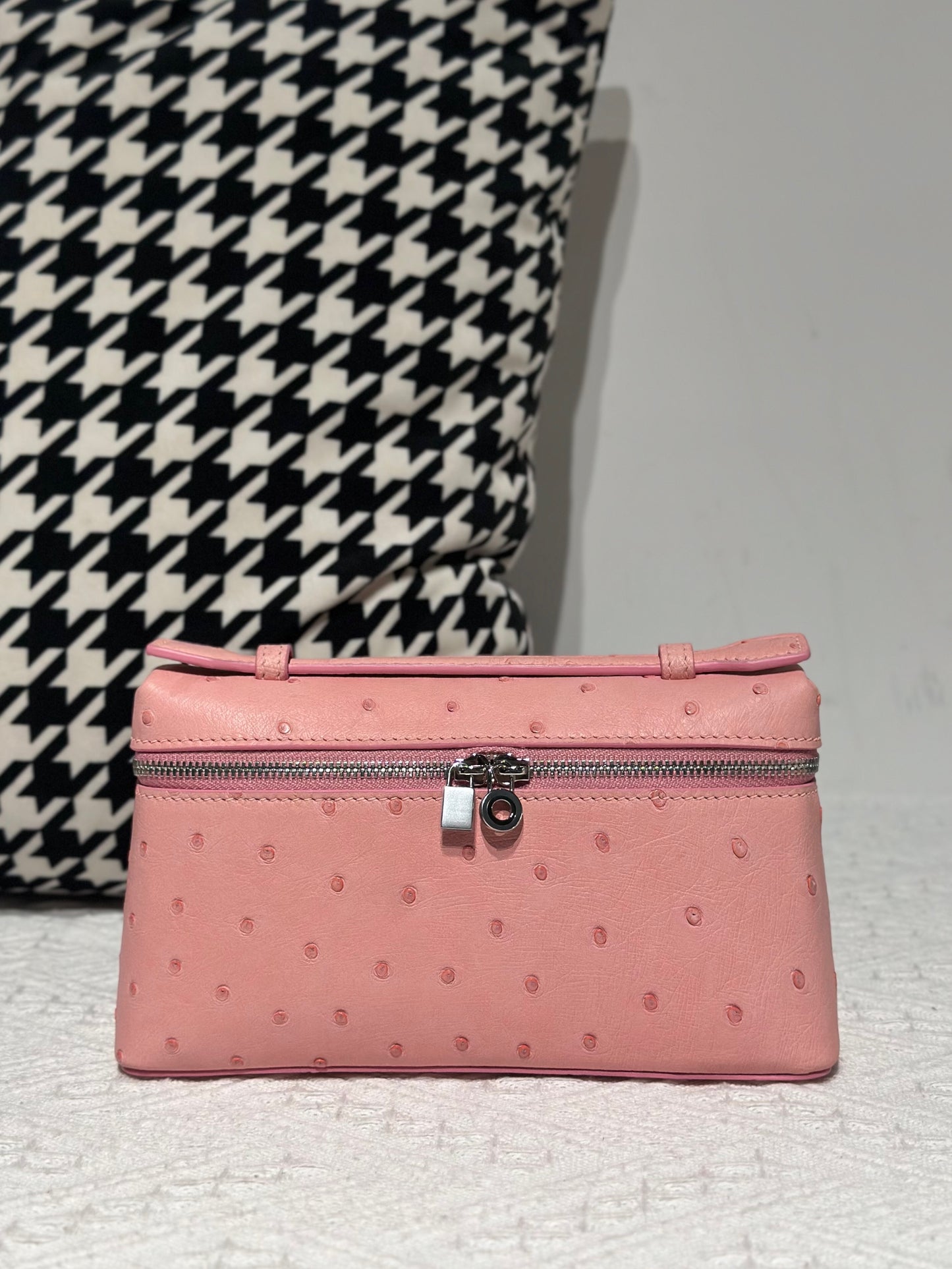 Genuine Ostrich Skin Leather Zipper Cosmetic Handle Bag Large
