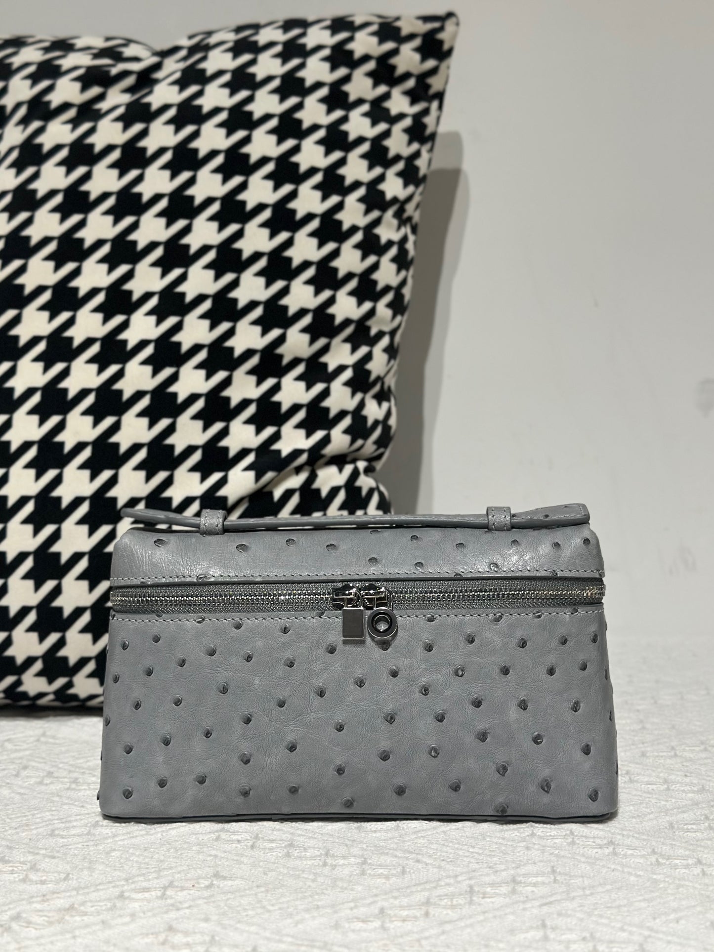 Genuine Ostrich Skin Leather Zipper Cosmetic Handle Bag Large