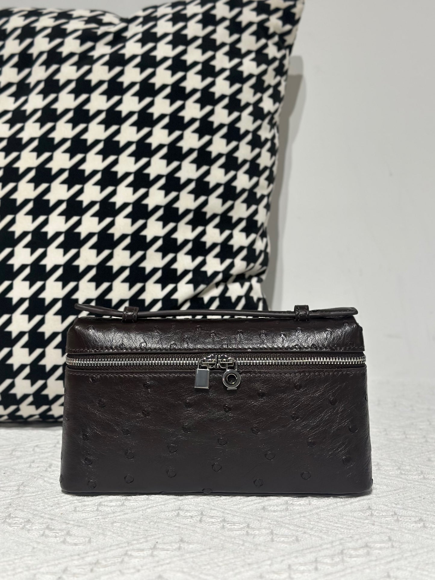 Genuine Ostrich Skin Leather Zipper Cosmetic Handle Bag Large