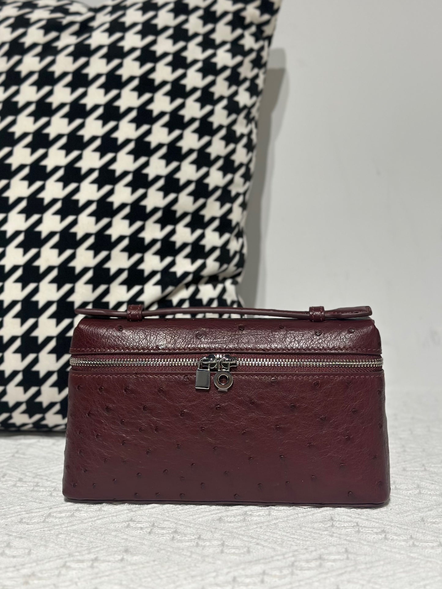 Genuine Ostrich Skin Leather Zipper Cosmetic Handle Bag Large