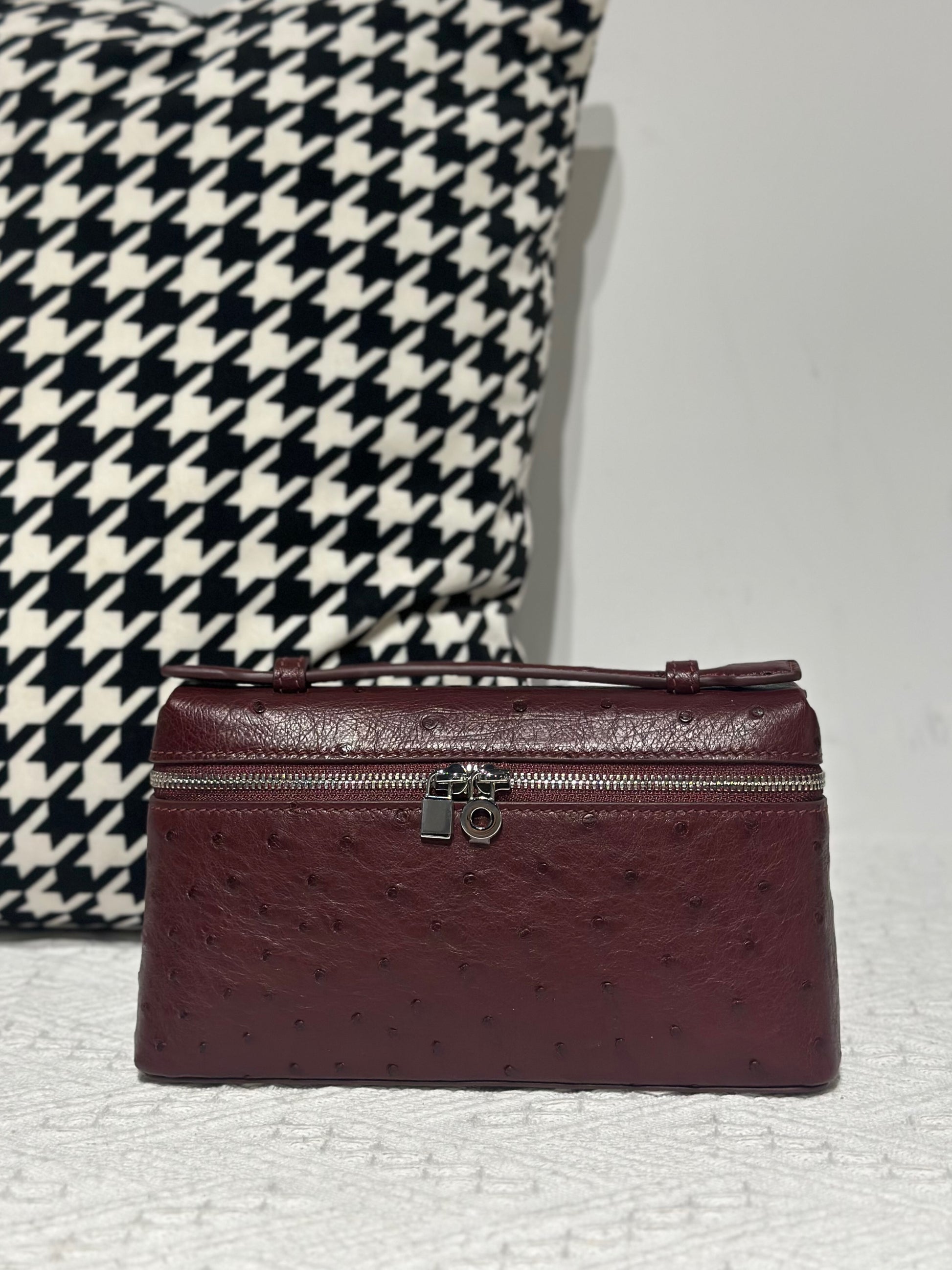 Genuine Ostrich Skin Leather Zipper Cosmetic Handle Bag Large