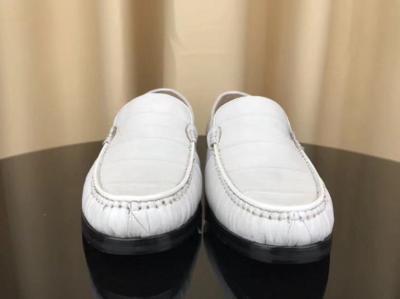 Men's white eel skin leather loafers by Rossie Viren, stylish soft leather shoes with a sleek design.