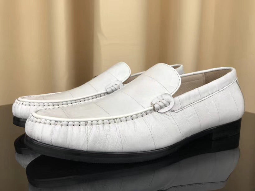 Men's white eel skin leather loafers by Rossie Viren, showcasing smooth soft leather and classic slip-on design.