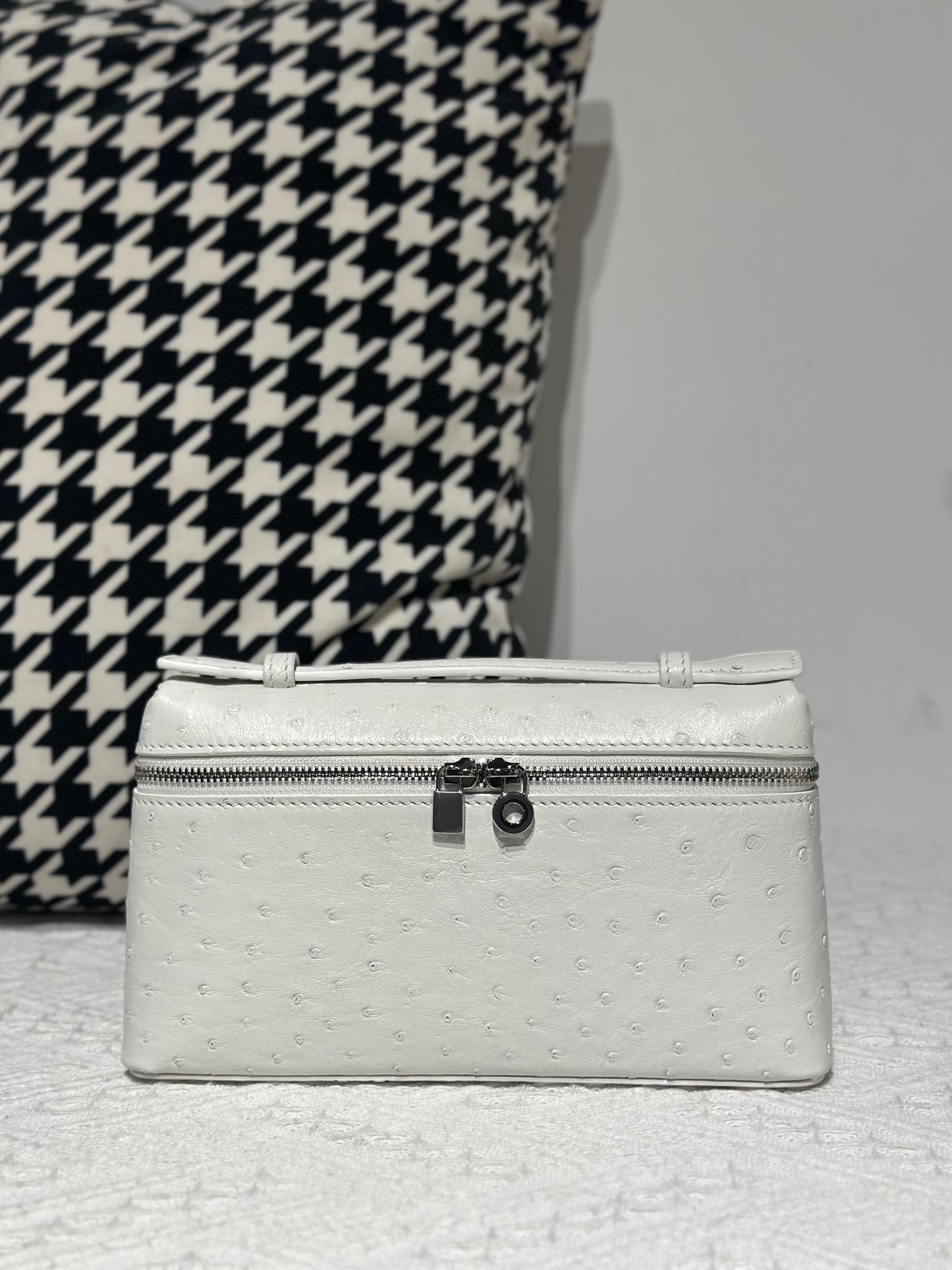 Genuine Ostrich Skin Leather Zipper Cosmetic Handle Bag Large