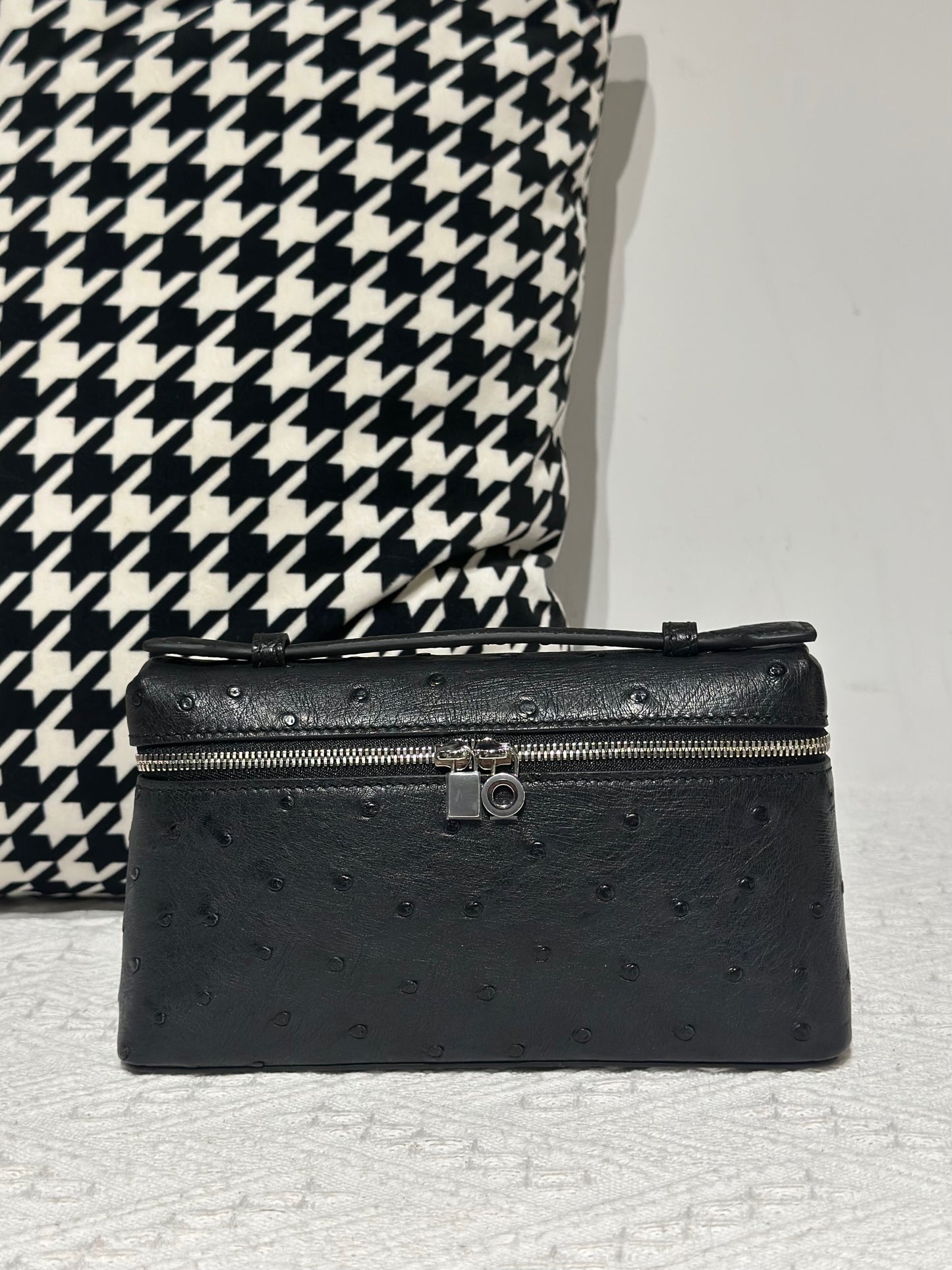 Genuine Ostrich Skin Leather Zipper Cosmetic Handle Bag Large