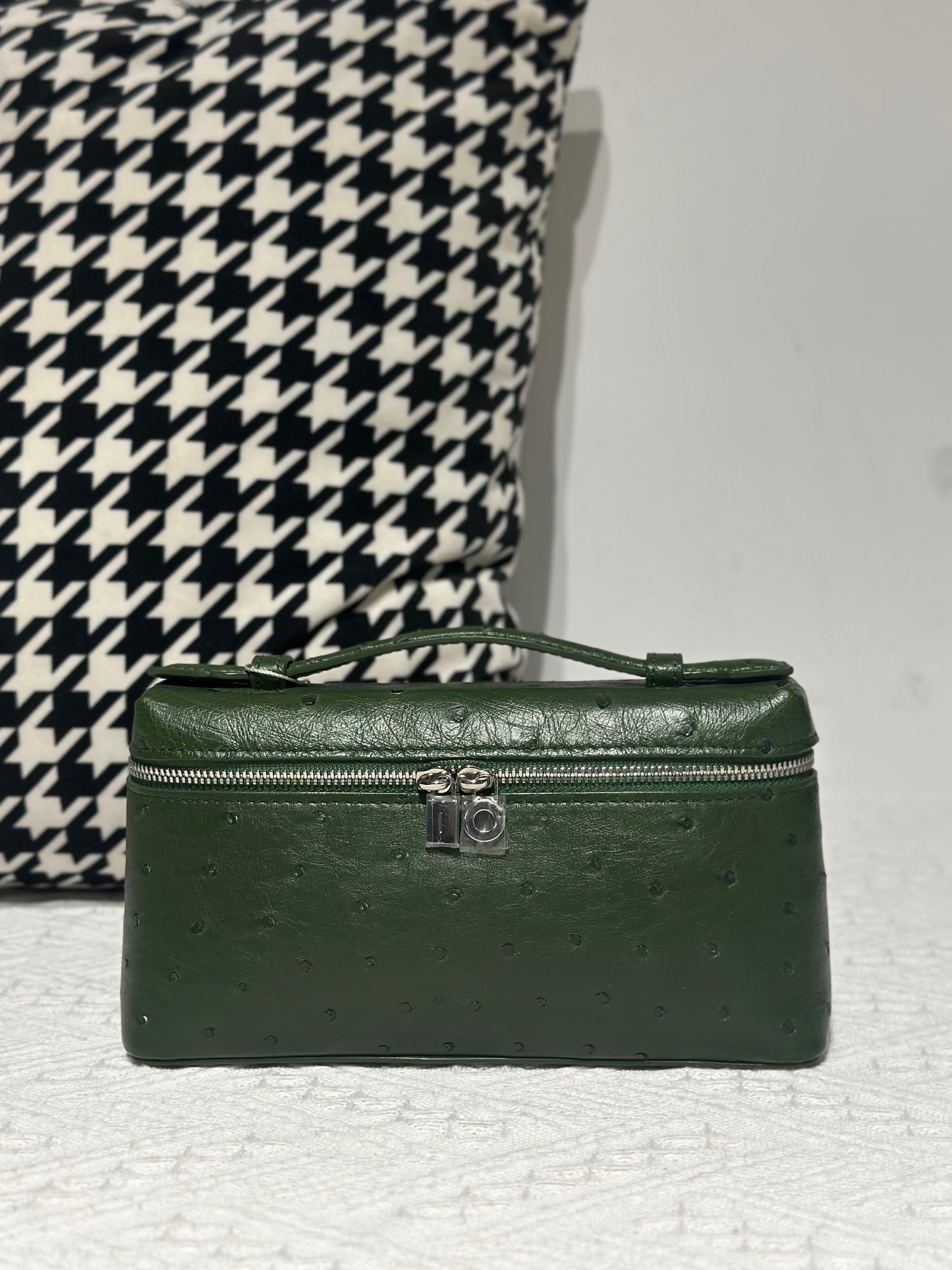 Genuine Ostrich Skin Leather Zipper Cosmetic Handle Bag Large