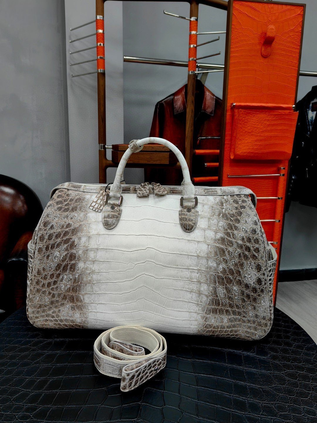 Unisex Himalayan genuine crocodile leather travel duffel bag by Rossie Viren, large sport gym bag with handles and zipper closure.