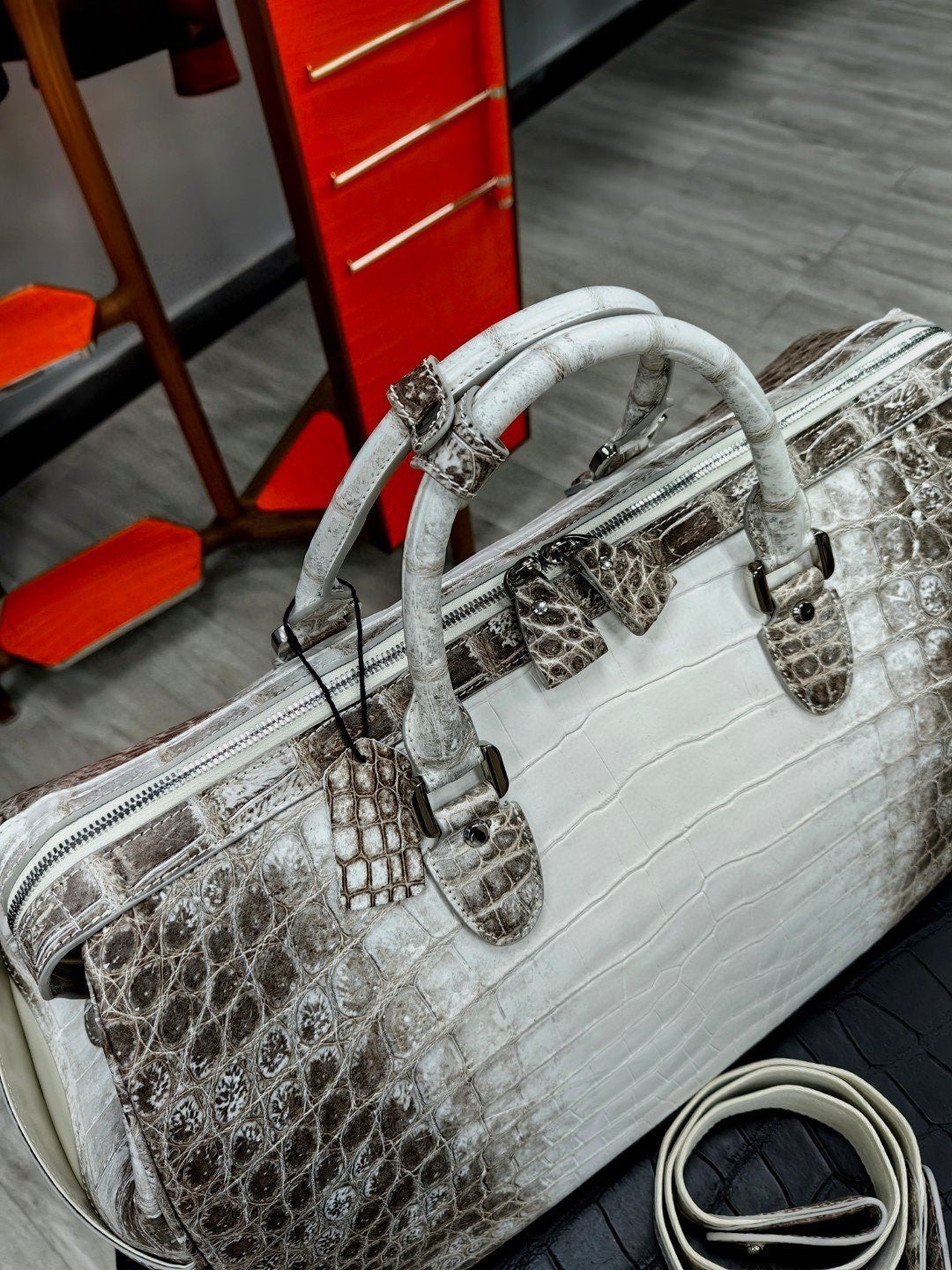Unisex Rossie Viren Himalayan genuine crocodile leather travel duffel bag with handles, spacious for gym, weekend, or travel use.