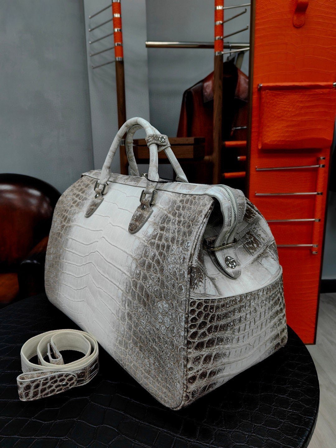 Unisex Himalayan genuine crocodile leather travel duffel bag by Rossie Viren, oversized sport gym bag for men or women.