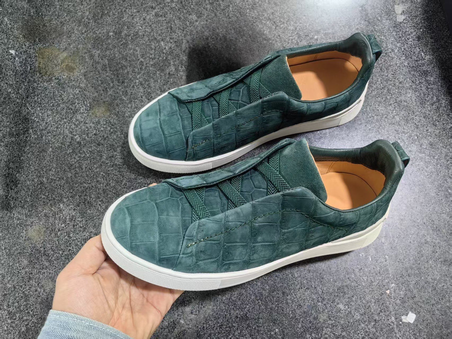 Rossie Viren brown crocodile leather sneakers with nubuck finish, showcasing their textured genuine crocodile skin design.