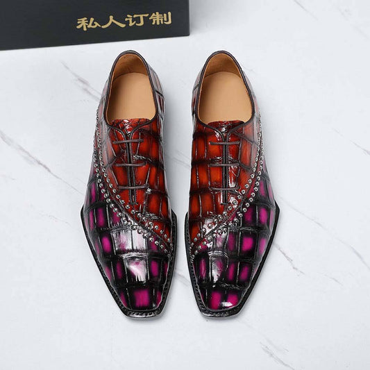 Crocodile Shoes Men's Crocodile Leather Shoes Lace Up Shoes Vintage Red & Pink