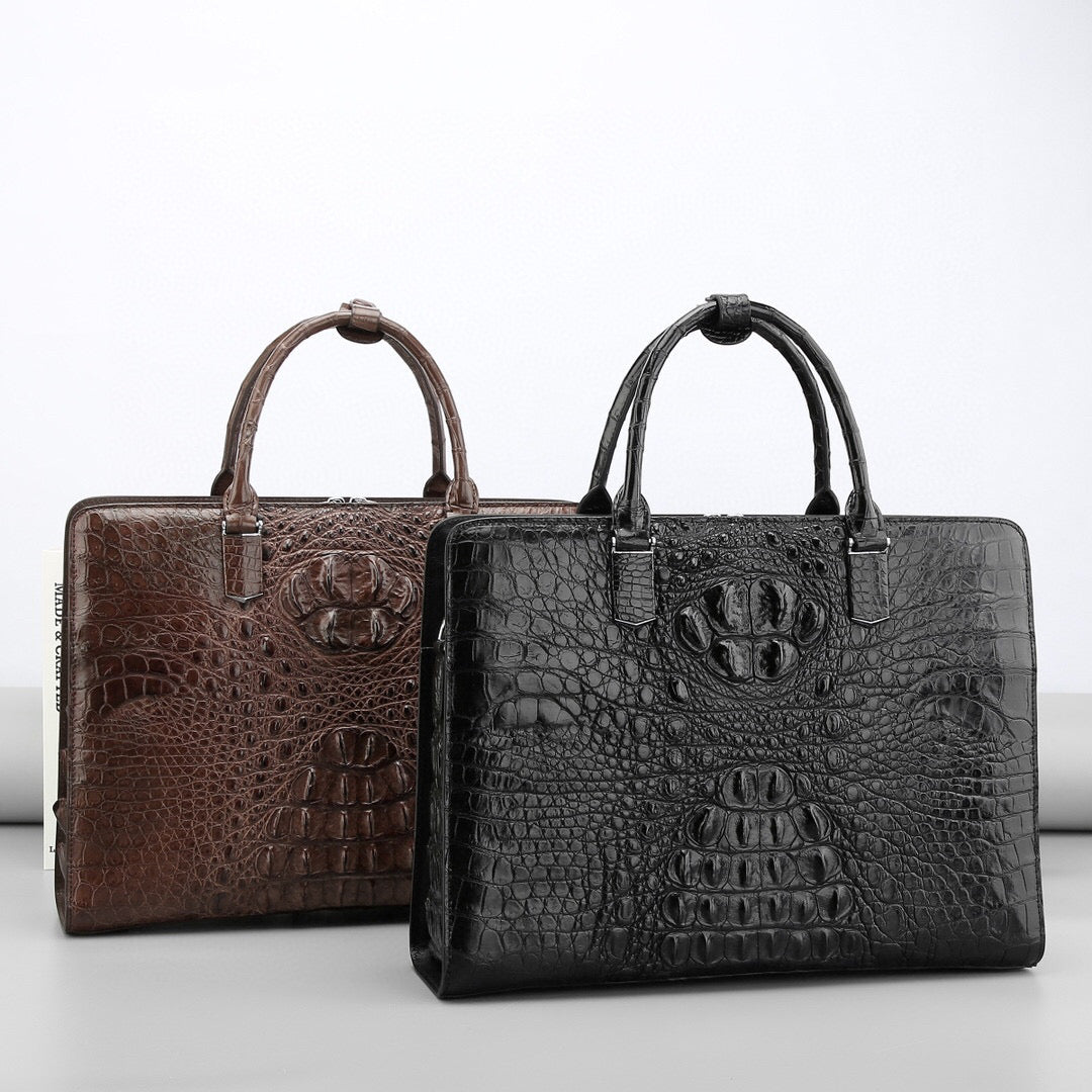 Genuine crocodile leather business briefcase by Rossie Viren, showing the sleek, textured crocodile pattern and sturdy handle.
