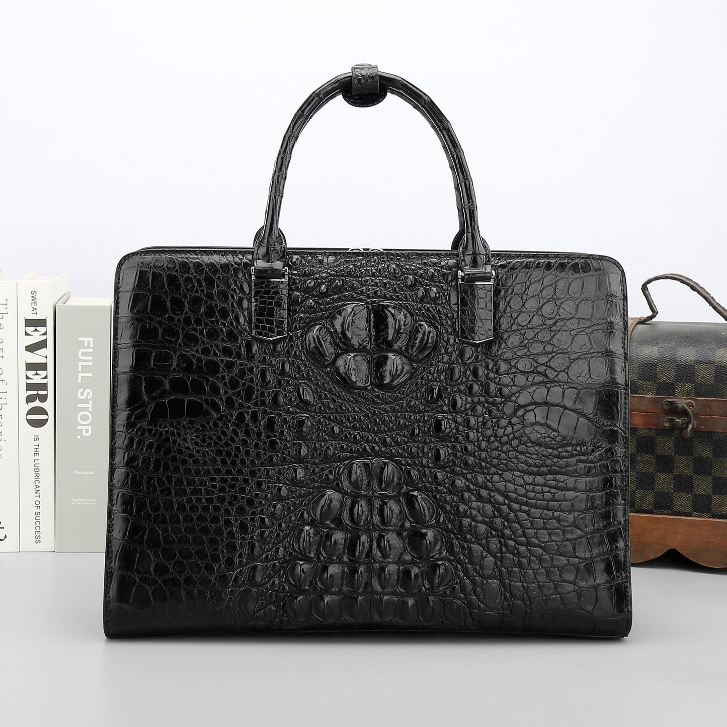 Genuine crocodile leather Rossie Viren business briefcase with sturdy handles and polished finish, designed for professional use.