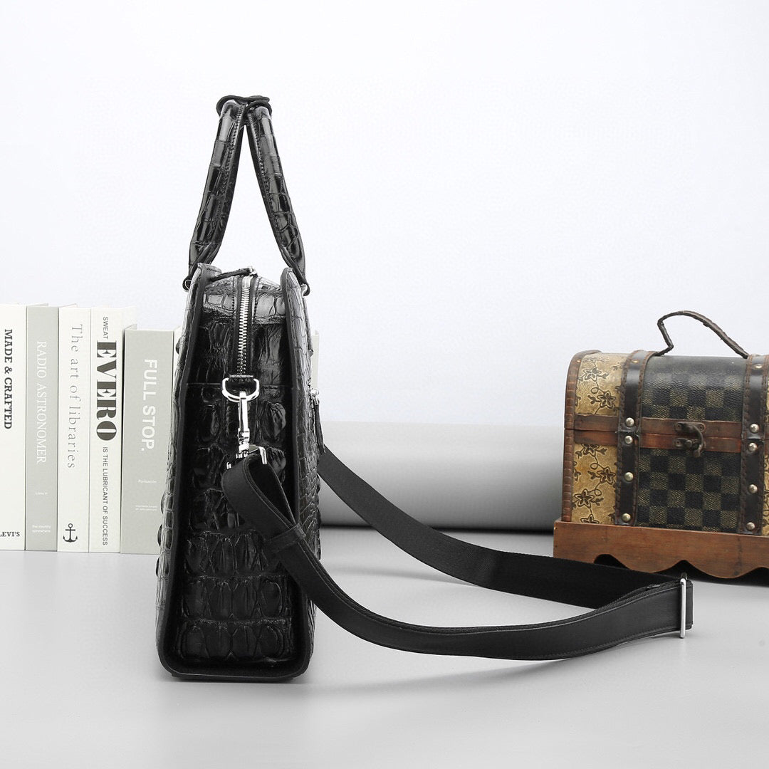 Genuine crocodile leather Rossie Viren briefcase with sturdy handles and polished hardware, designed for professional business use.