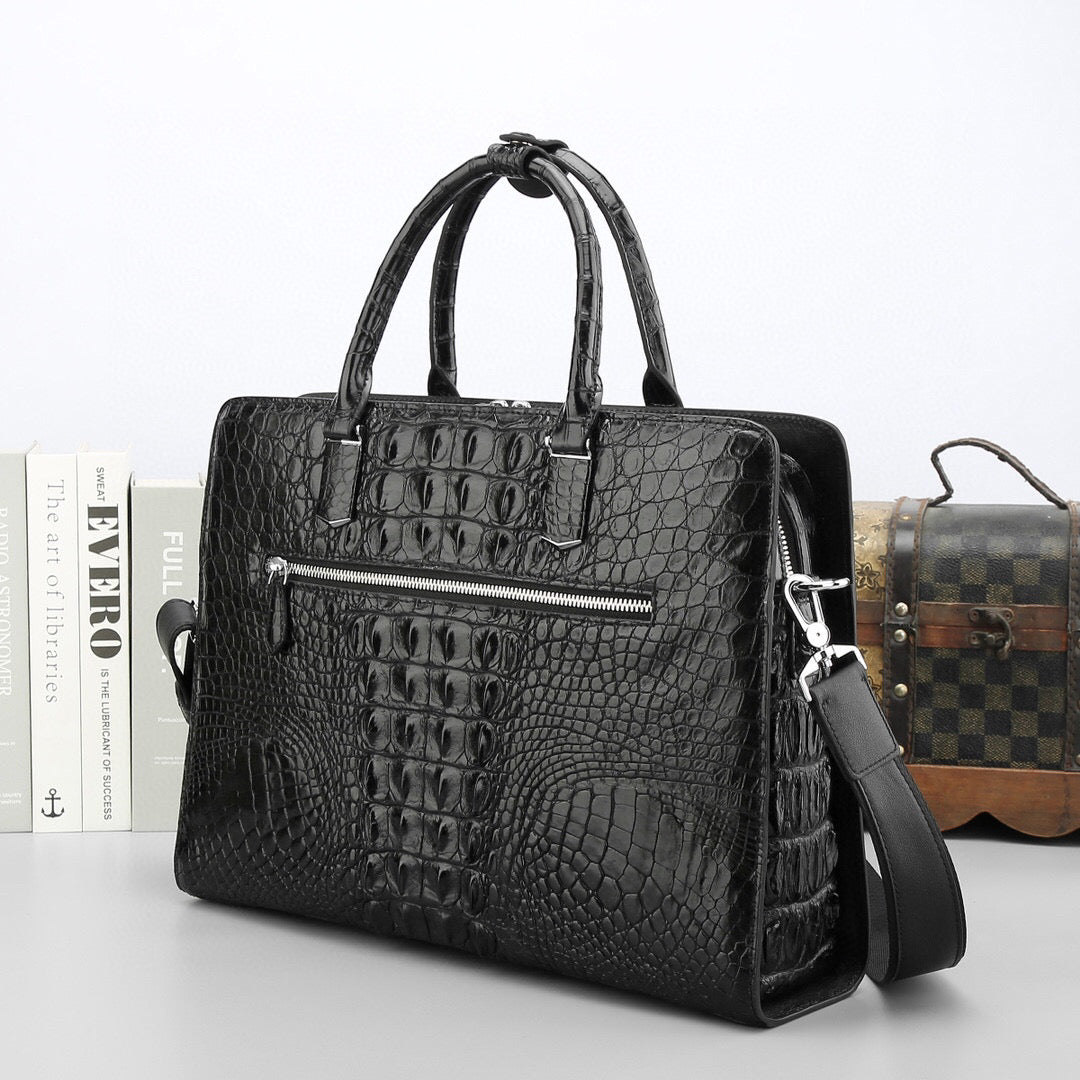 Genuine crocodile leather business briefcase by Rossie Viren, featuring a sleek, structured handbag design with a top handle.
