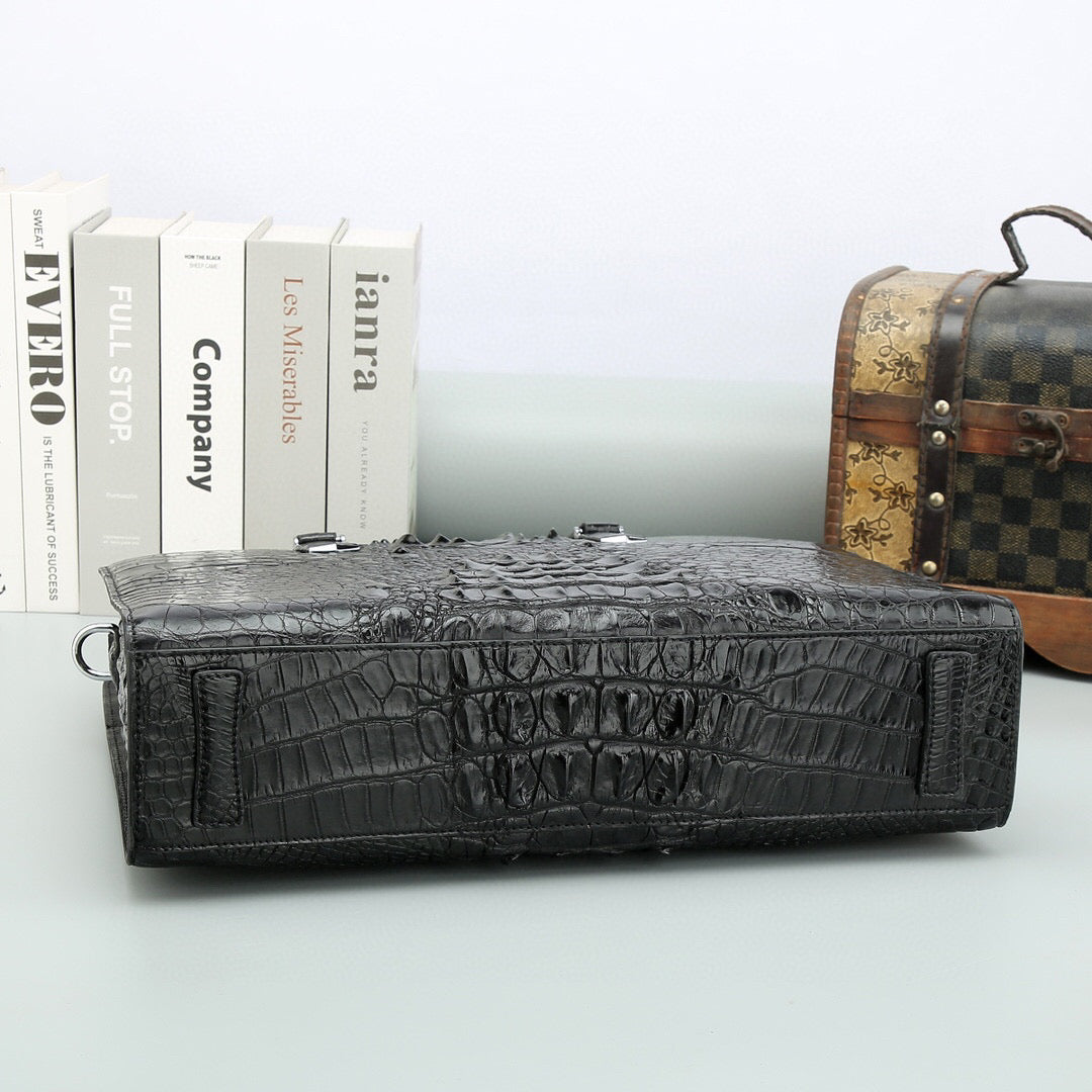 Genuine crocodile leather Rossie Viren briefcase with sturdy handle and sleek design, ideal for professional business use.