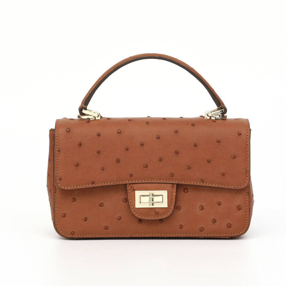 Rossie Viren women's ostrich leather mini flap chain handbag with top handle and crossbody strap, showcasing its textured leather and stylish design.