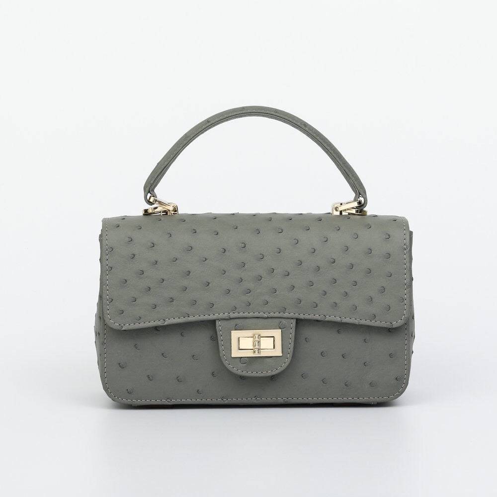 Rossie Viren women's ostrich leather mini flap chain bag with top handle and crossbody strap, featuring a sleek handbag design.