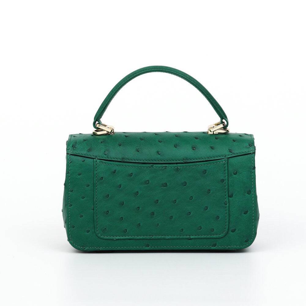 Rossie Viren women's ostrich leather mini flap chain bag with top handle and crossbody strap, stylish handbag.