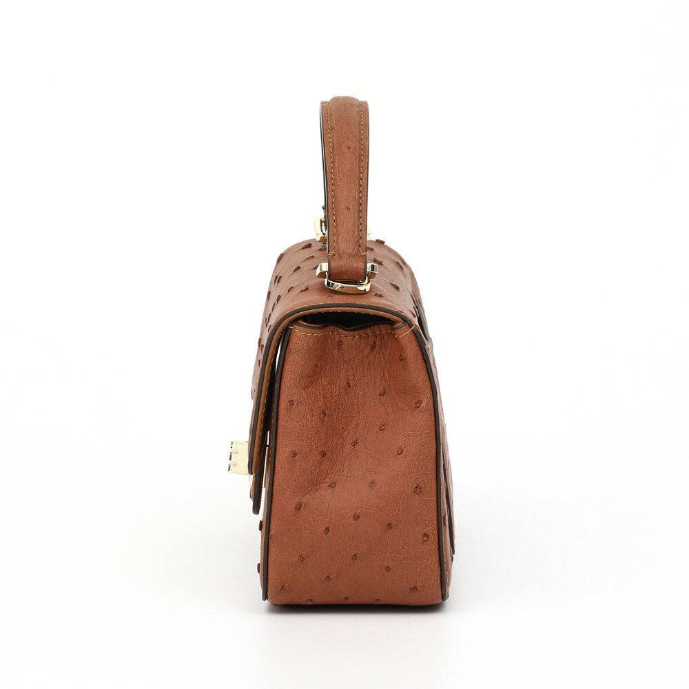 Rossie Viren women's ostrich leather mini flap chain handbag with top handle and crossbody strap, showing the stylish bag's details.