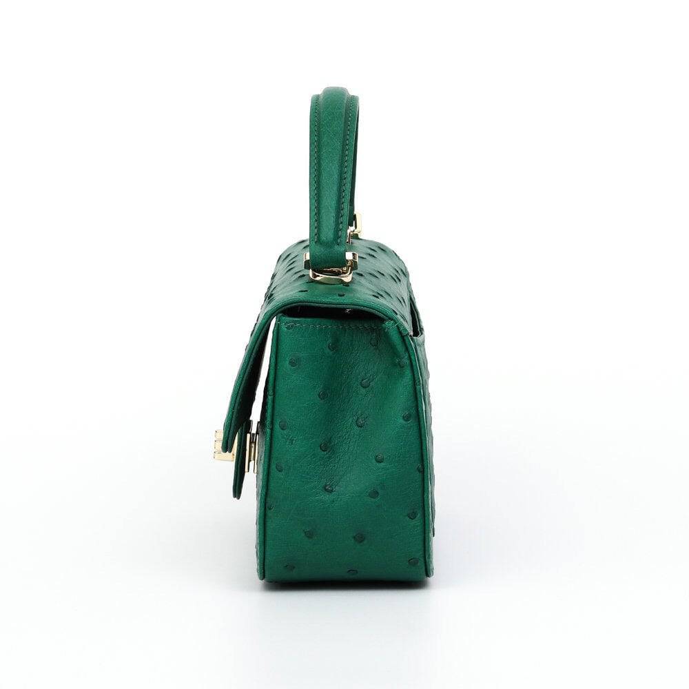 Rossie Viren women's ostrich leather mini flap chain handbag with top handle and crossbody strap, detailed view of bag exterior.