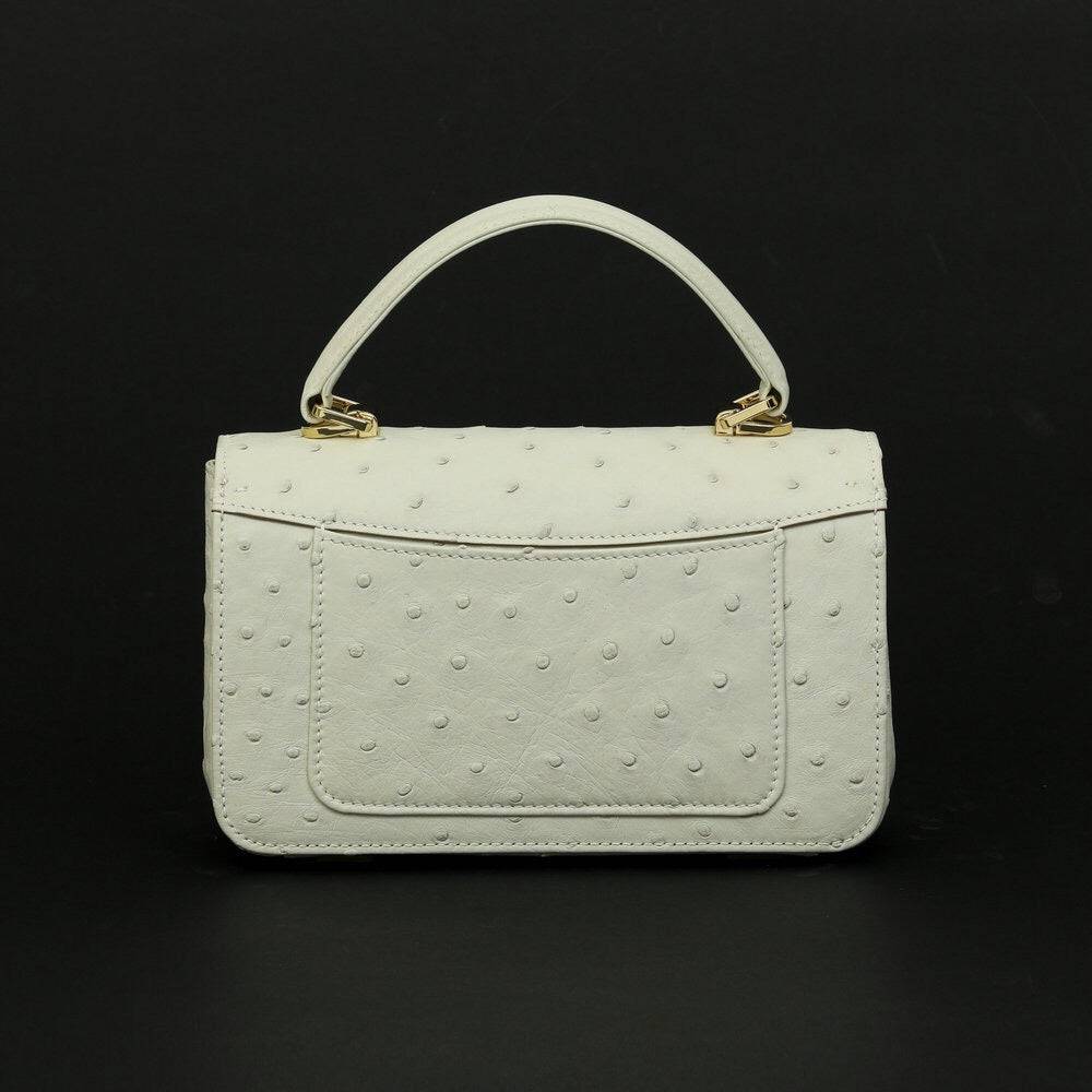 Women's Rossie Viren ostrich leather mini flap chain handbag with top handle and crossbody strap, showing front view and chain detail.