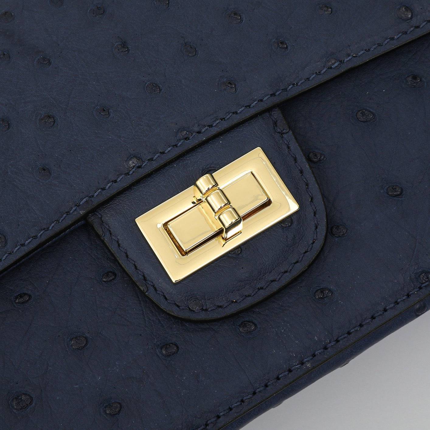 Rossie Viren women's ostrich leather mini flap chain bag with top handle and crossbody strap, featuring a stylish handbag design.