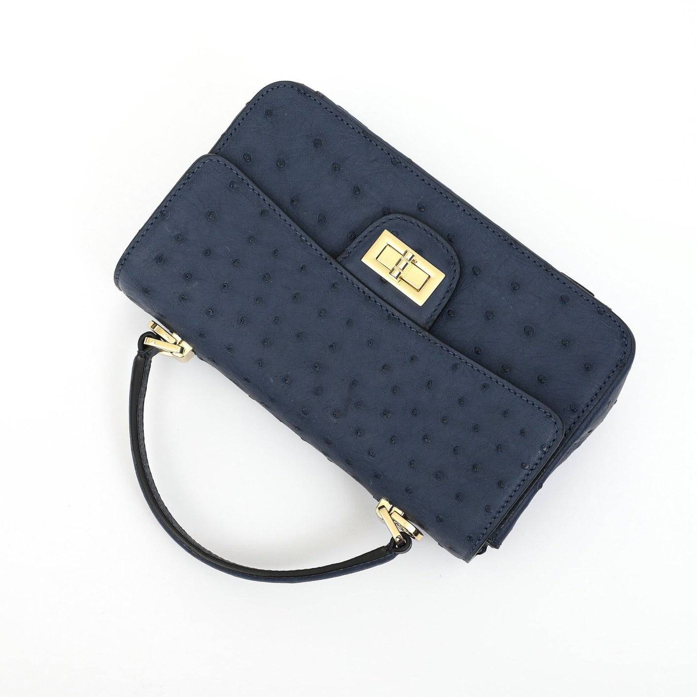 Rossie Viren women's ostrich leather mini flap chain handbag with top handle and crossbody strap, showcasing elegant design and texture.