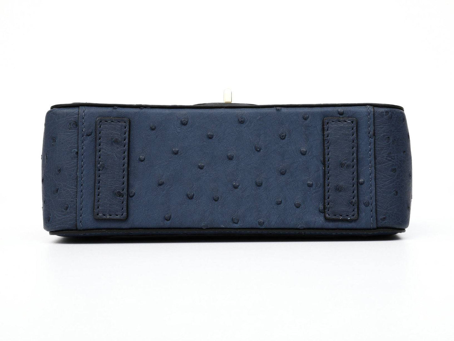 Rossie Viren women's ostrich leather mini flap chain handbag with top handle and crossbody strap, showcasing elegant design and texture.