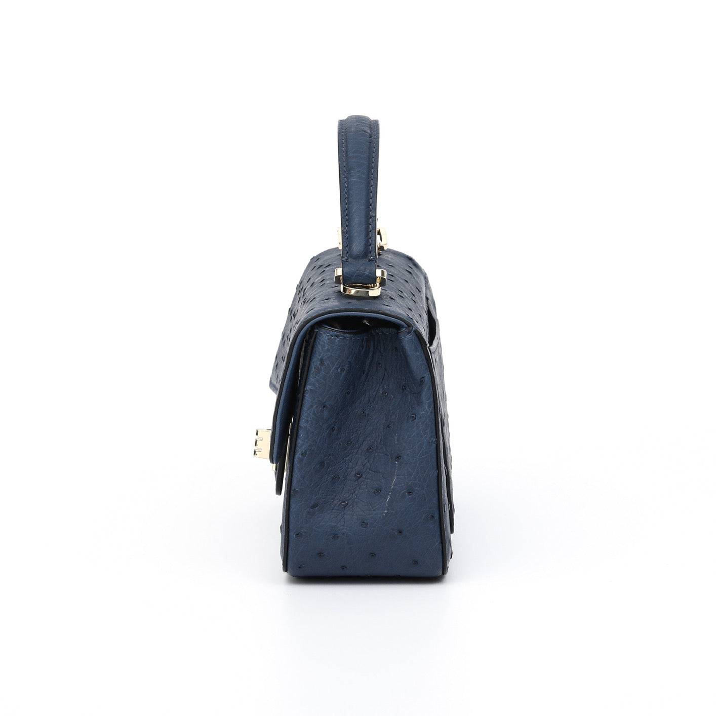 Rossie Viren women's ostrich leather mini flap chain handbag with top handle and crossbody strap, stylish and compact accessory.