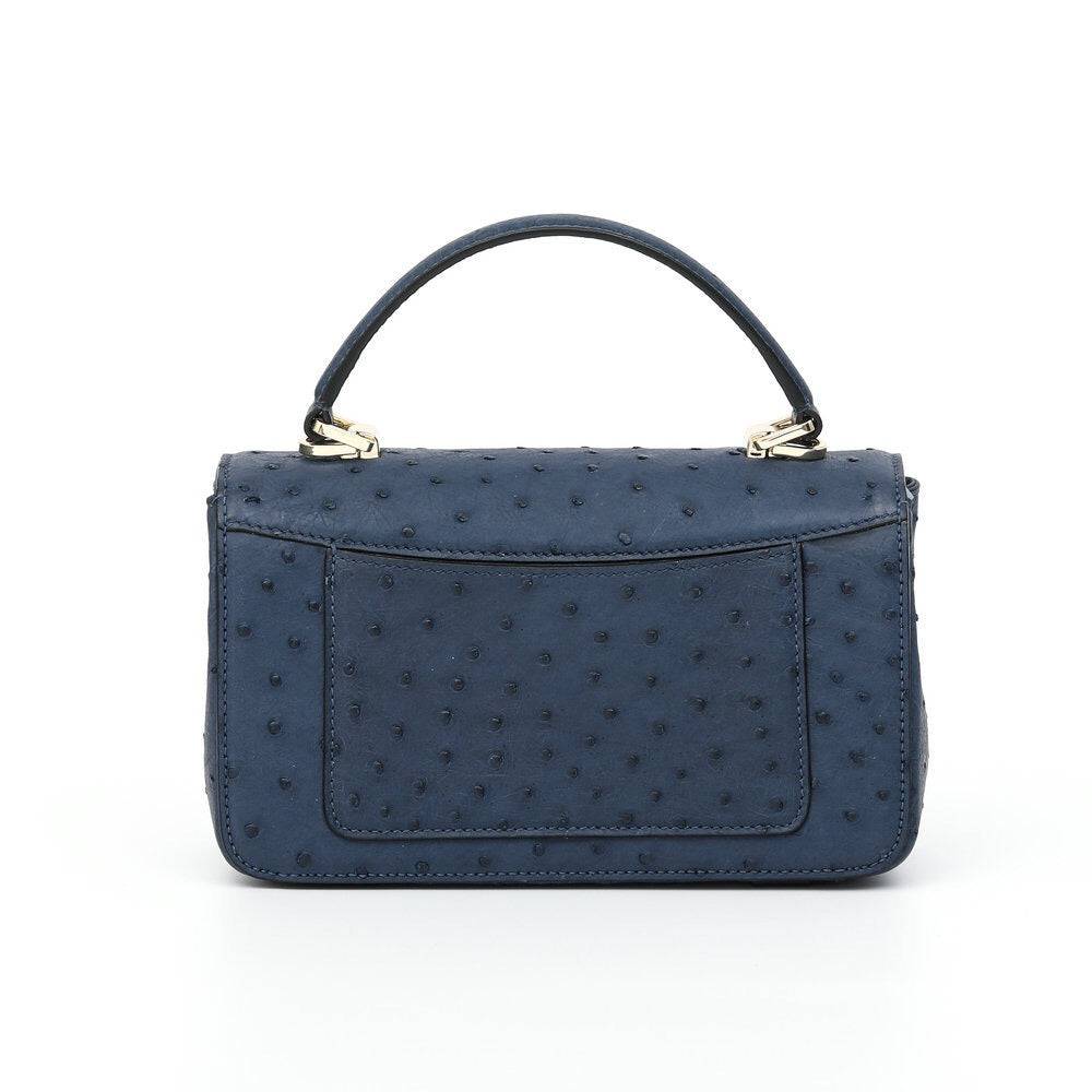 Rossie Viren women's ostrich leather mini flap chain bag with top handle and crossbody strap, showing stylish handbag details.