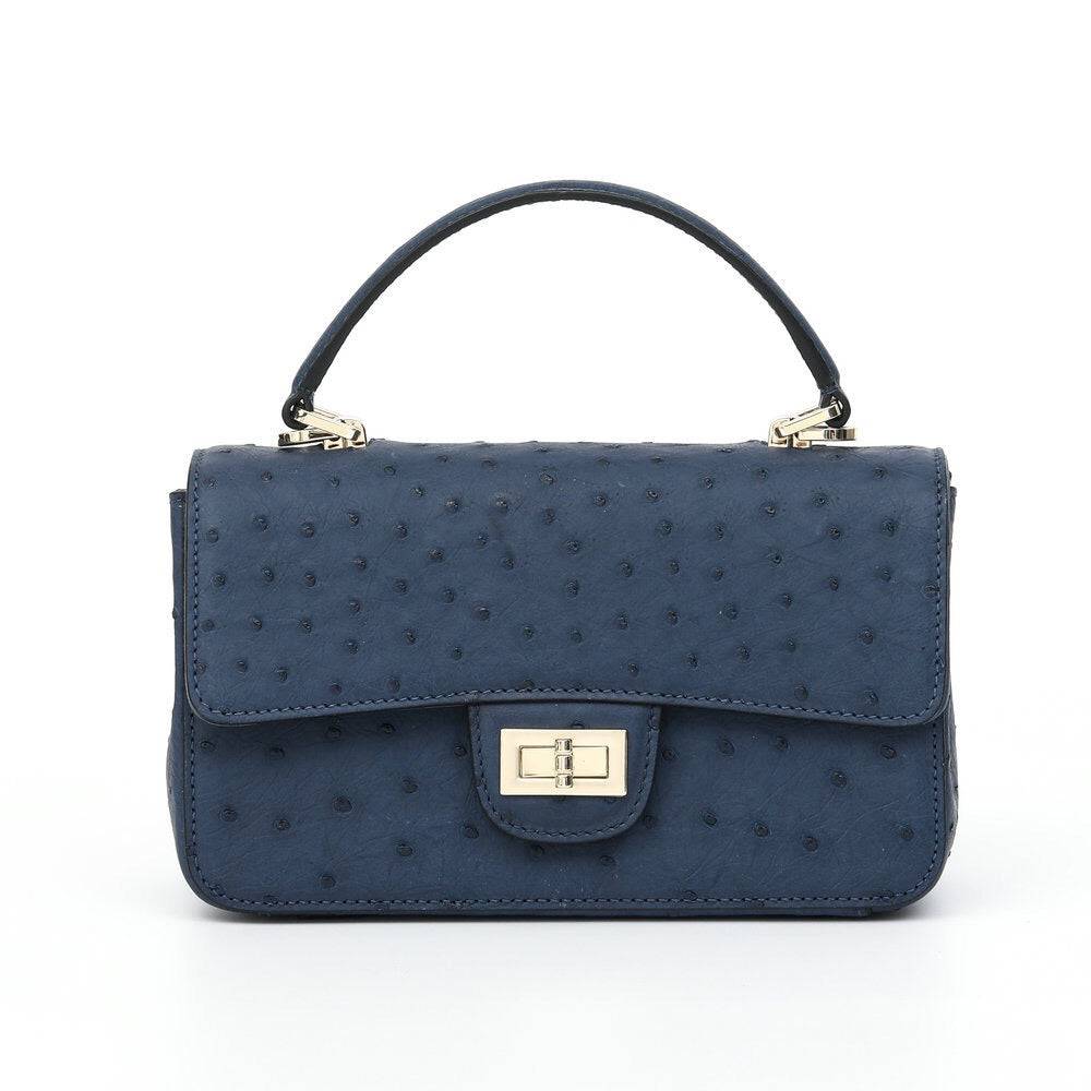 Rossie Viren women's ostrich leather mini flap chain handbag with top handle and crossbody strap, featuring elegant design and gold-tone hardware.