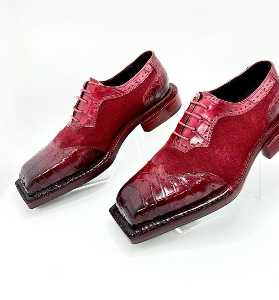 Genuine Crocodile Leather  Square-Toe Classic Lace -Up Dress Shoes Wine Red