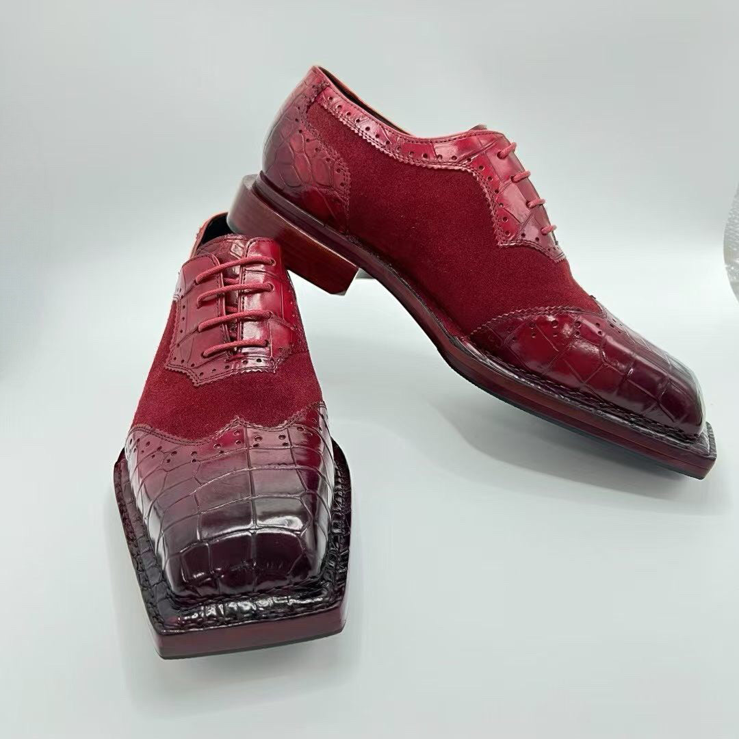 Genuine Crocodile Leather  Square-Toe Classic Lace -Up Dress Shoes Wine Red