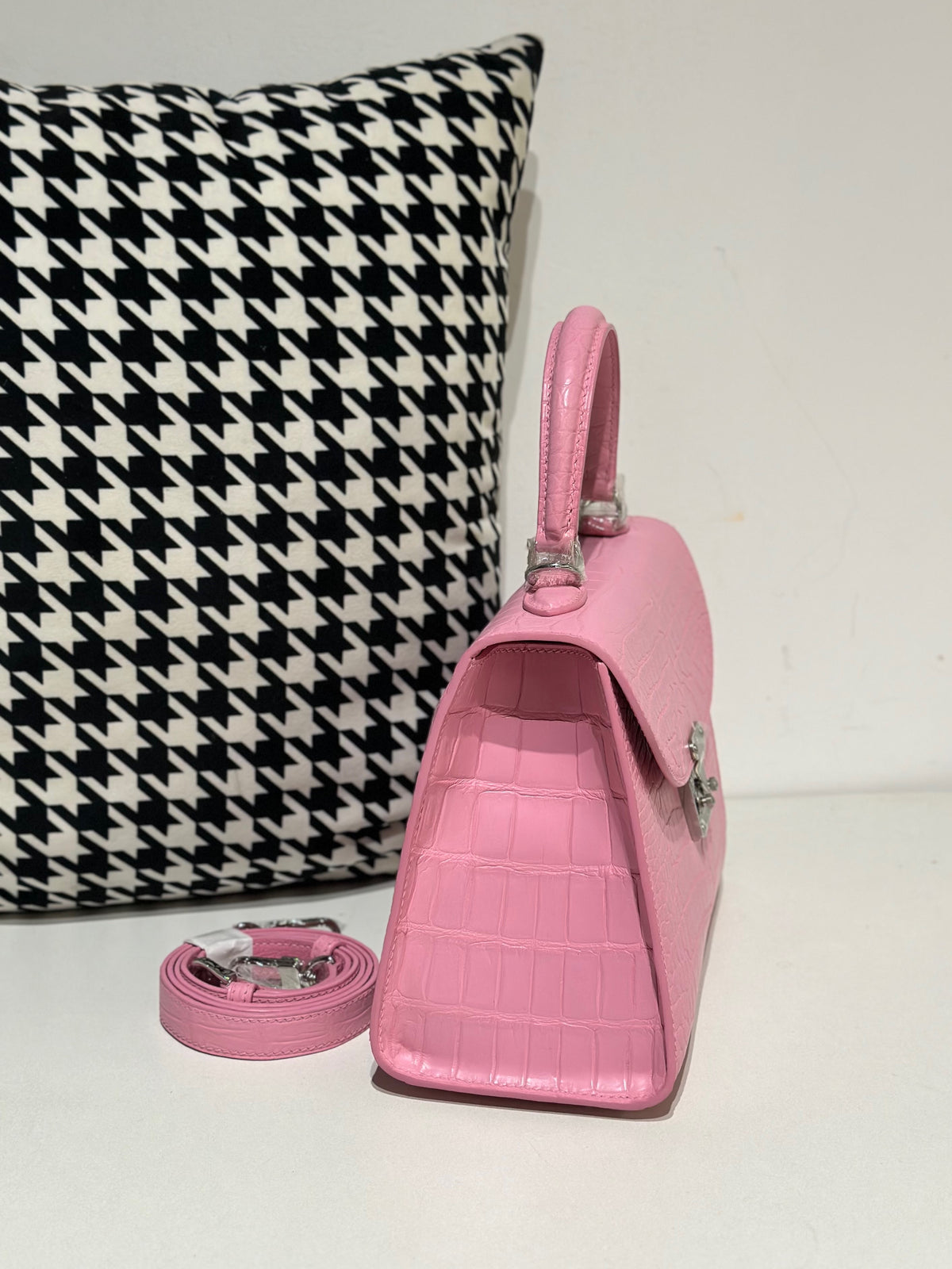 Crocodile Leather Top Handle Bag Pink