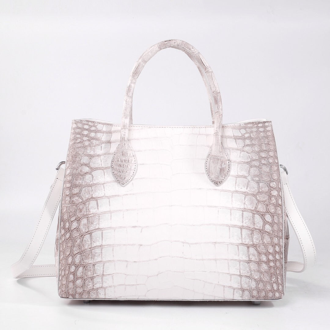 Genuine crocodile leather women's tote shoulder bag in Himalaya white with 32cm size from Rossie Viren.