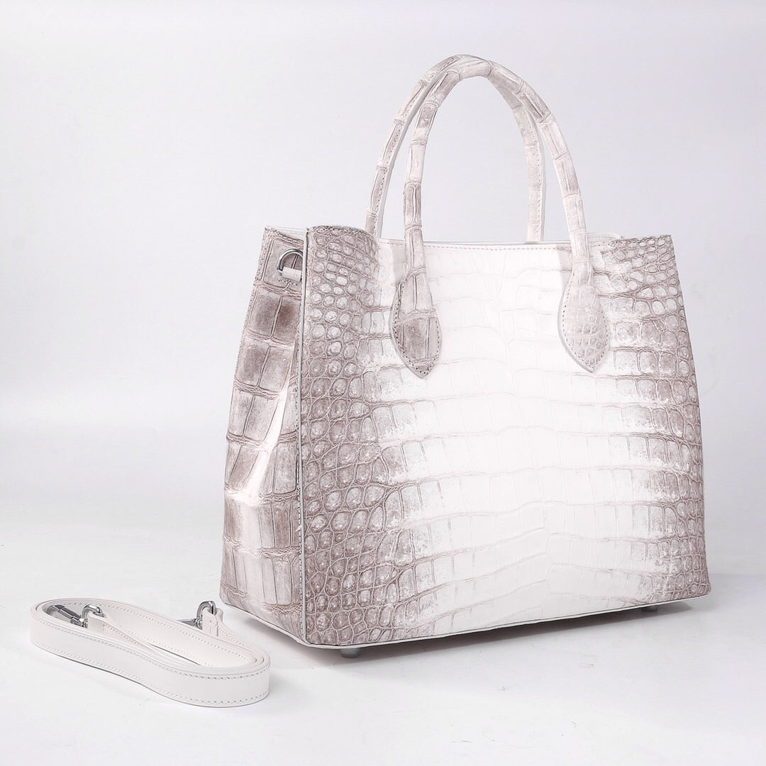 Genuine white crocodile leather women's tote shoulder bag by Rossie Viren, featuring a 32cm spacious design and elegant style.