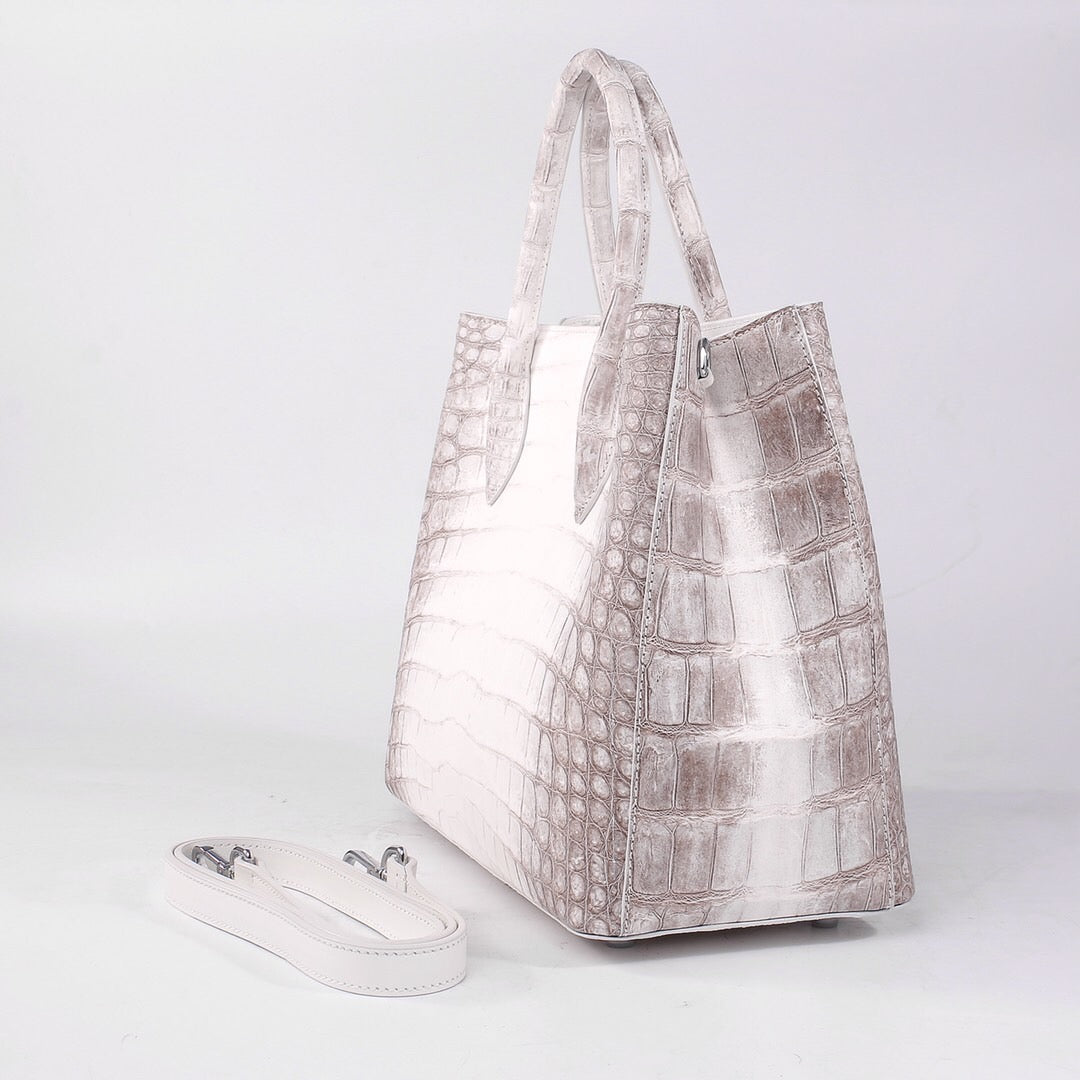 Rossie Viren genuine crocodile leather women's tote shoulder bag in Himalaya white, 32cm, stylish handbag with textured leather finish.